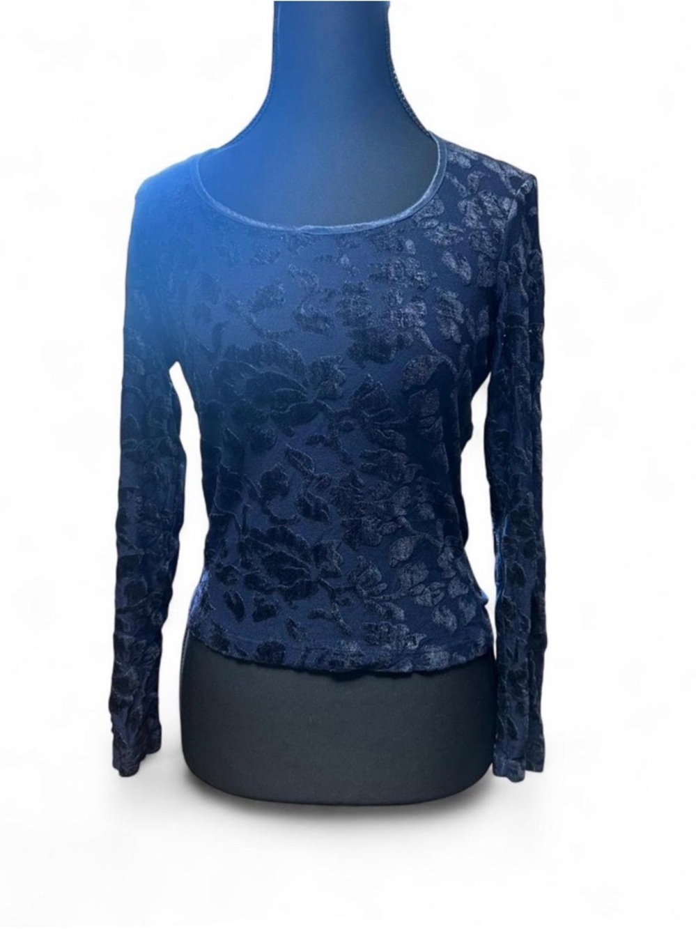 Y2K navy velvet floral burnout top whimsigoth fairycore fitted long sleeve Vtg